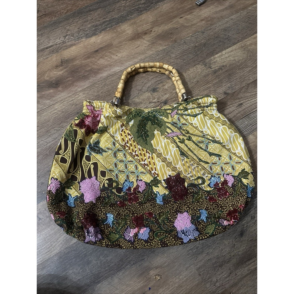 Nine West Medium Yellow Beaded Handbag Hot‎ Pink Lined Black Wood Bead Handle